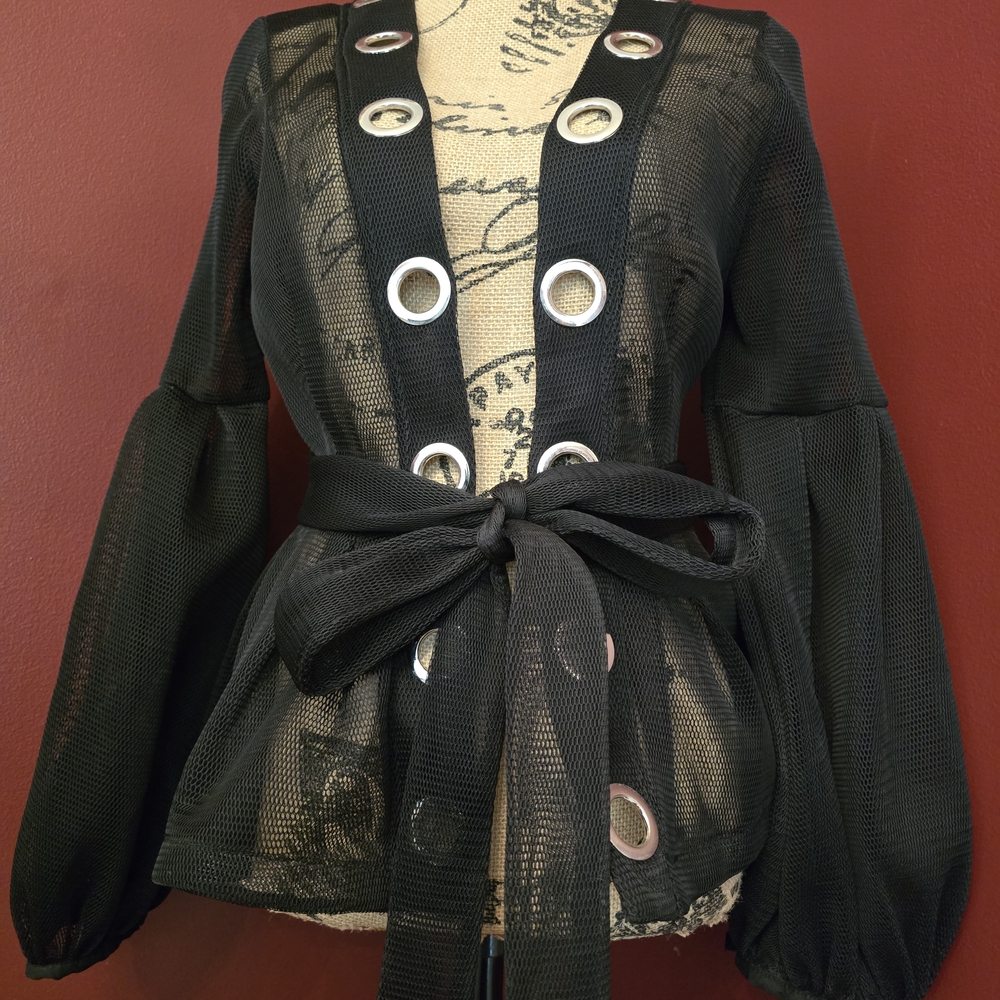 Chic Black Mesh Blazer with Belt